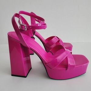 Zara Fuchsia Pink Patent Leather Platform Sandals Heels Size 9